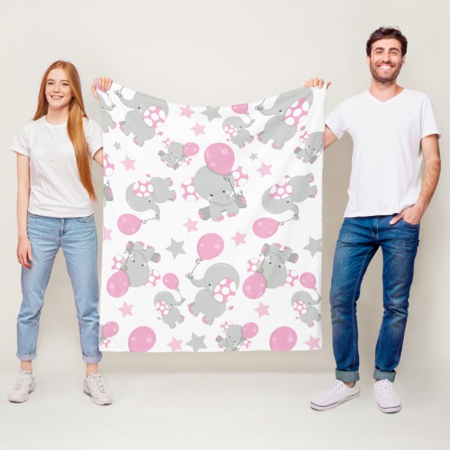 Pattern Of Elephants, Cute Elephants - Pink Grey Fleece Blanket (In Situ)