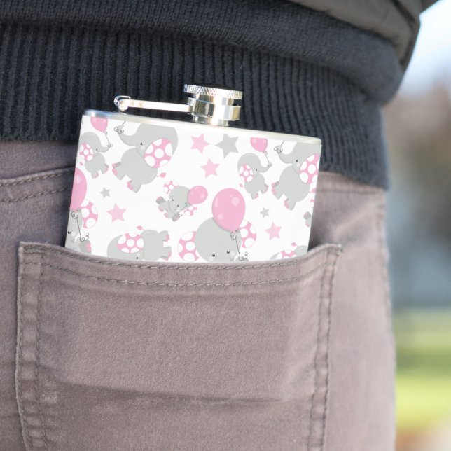 Pattern Of Elephants, Cute Elephants - Pink Grey Hip Flask (In Situ)