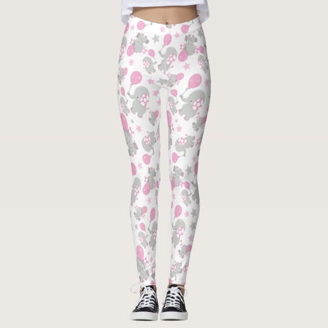 Pattern Of Elephants, Cute Elephants - Pink Grey Leggings (Front)