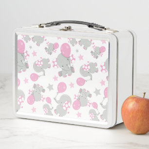 Pattern Of Elephants, Cute Elephants - Pink Grey Metal Lunch Box
