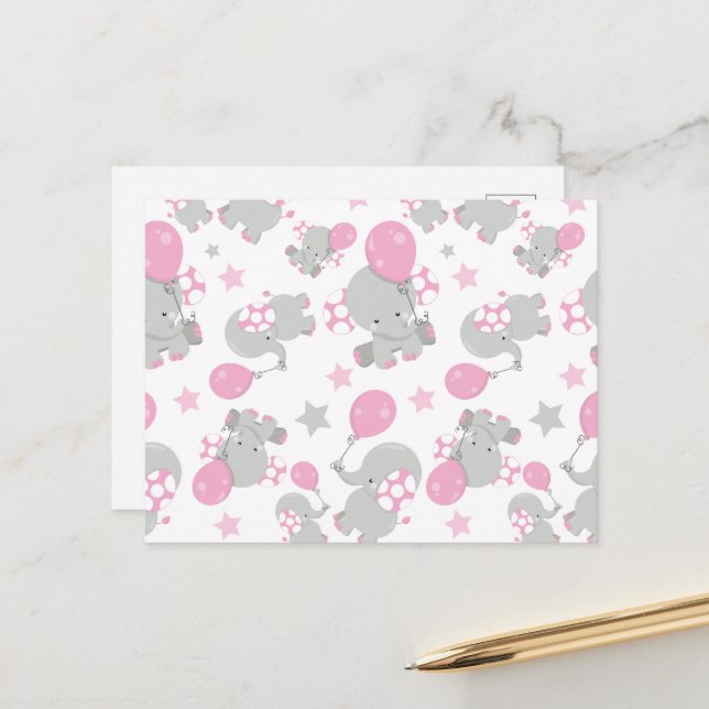 Pattern Of Elephants, Cute Elephants - Pink Grey Postcard (Front/Back In Situ)