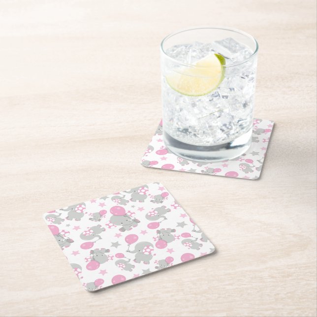 Pattern Of Elephants, Cute Elephants - Pink Grey Square Paper Coaster (Insitu)