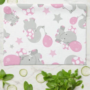 Pattern Of Elephants, Cute Elephants - Pink Grey Tea Towel