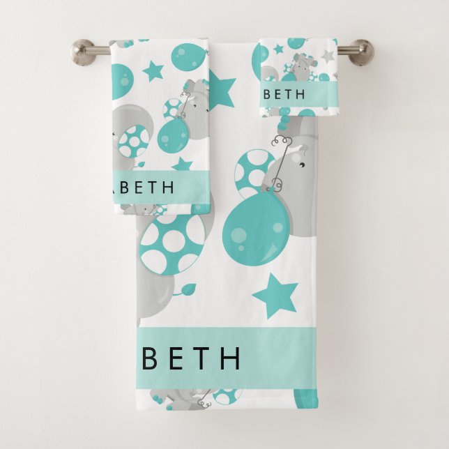 Pattern Of Elephants, Cute Elephants, Your Name Bath Towel Set (Insitu)