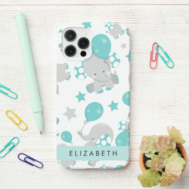 Pattern Of Elephants, Cute Elephants, Your Name iPhone Case (On Desk)