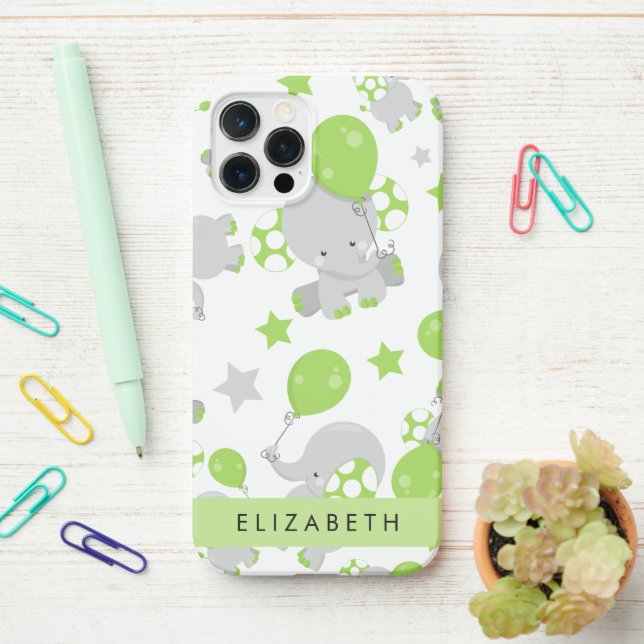 Pattern Of Elephants, Cute Elephants, Your Name iPhone Case (On Desk)