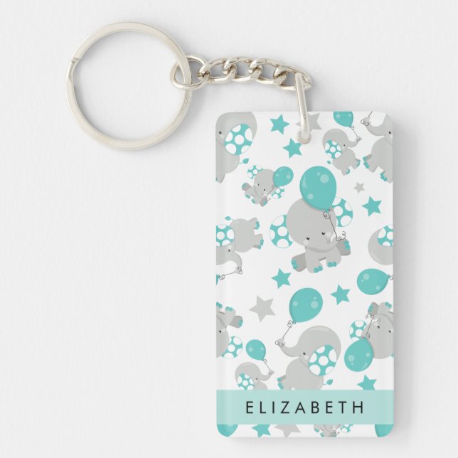 Pattern Of Elephants, Cute Elephants, Your Name Key Ring (Front)
