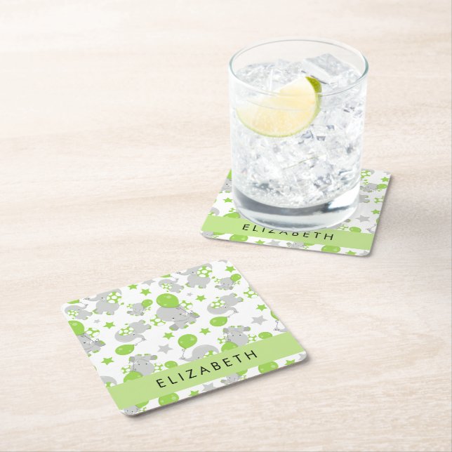 Pattern Of Elephants, Cute Elephants, Your Name Square Paper Coaster (Insitu)