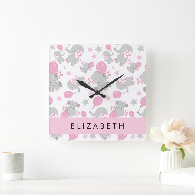 Pattern Of Elephants, Cute Elephants, Your Name Square Wall Clock (Home)
