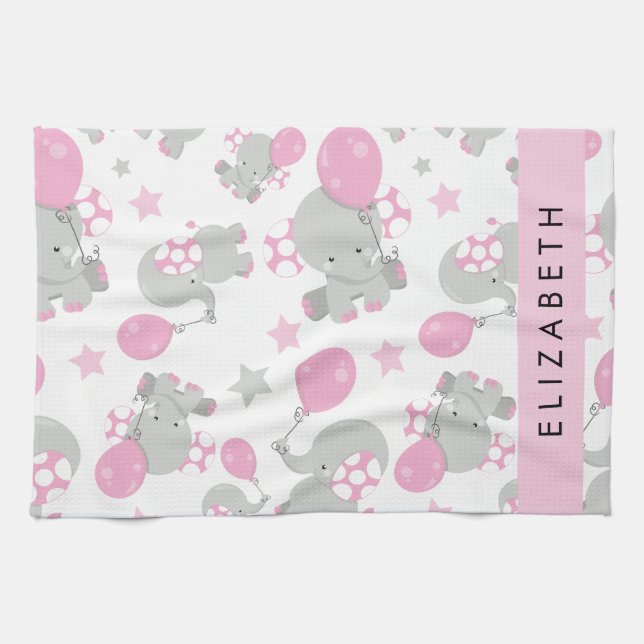 Pattern Of Elephants, Cute Elephants, Your Name Tea Towel (Horizontal)