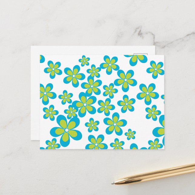 Pattern Of Flowers, Blue Flowers, Green Flowers Postcard (Front/Back In Situ)