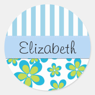 Pattern Of Flowers, Blue Stripes, Your Name Classic Round Sticker