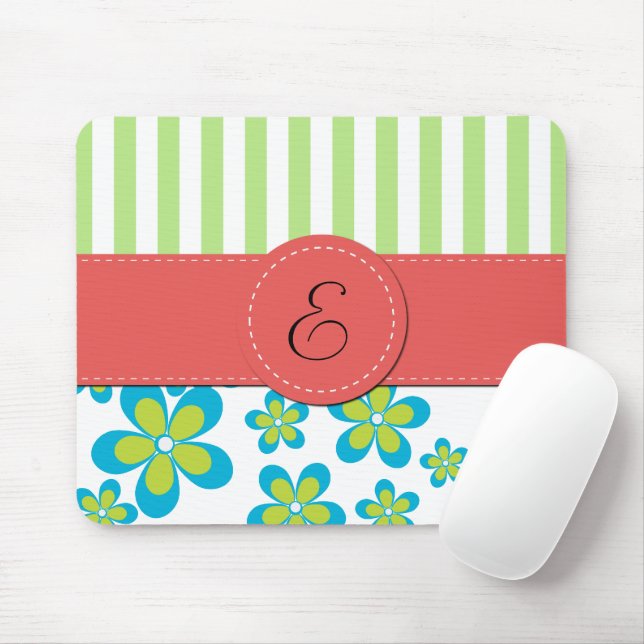 Pattern Of Flowers, Green Stripes, Monogram Mouse Pad (With Mouse)