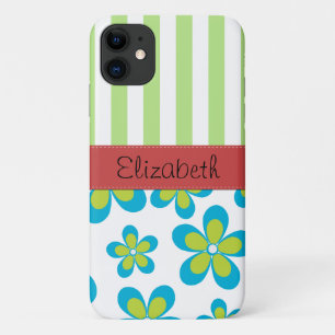Pattern Of Flowers, Green Stripes, Your Name iPhone 11 Case