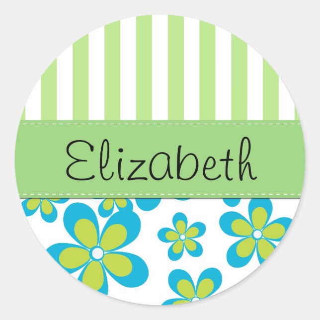 Pattern Of Flowers, Green Stripes, Your Name Classic Round Sticker (Front)