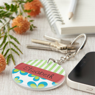 Pattern Of Flowers, Green Stripes, Your Name Key Ring