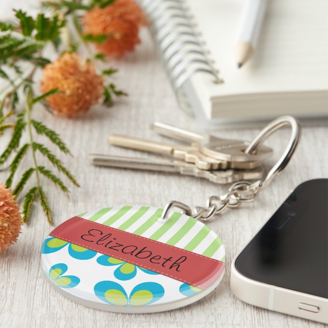 Pattern Of Flowers, Green Stripes, Your Name Key Ring (Front Right)