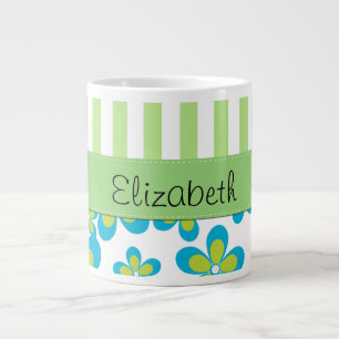Pattern Of Flowers, Green Stripes, Your Name Large Coffee Mug
