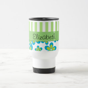 Pattern Of Flowers, Green Stripes, Your Name Travel Mug