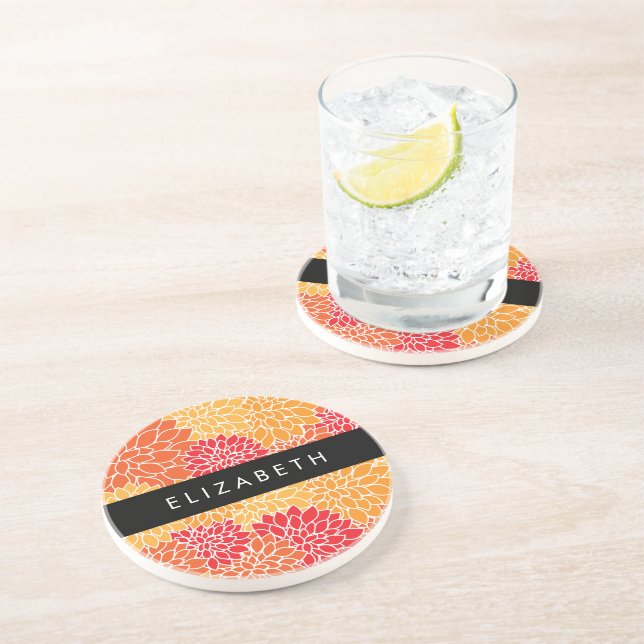 Pattern Of Flowers, Orange Dahlia, Your Name Coaster (Side)