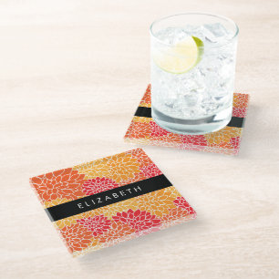 Pattern Of Flowers, Orange Dahlia, Your Name Glass Coaster
