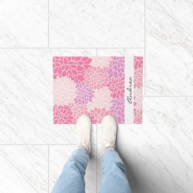 Pattern Of Flowers, Pink Dahlia Flowers, Your Name Doormat (Indoor)