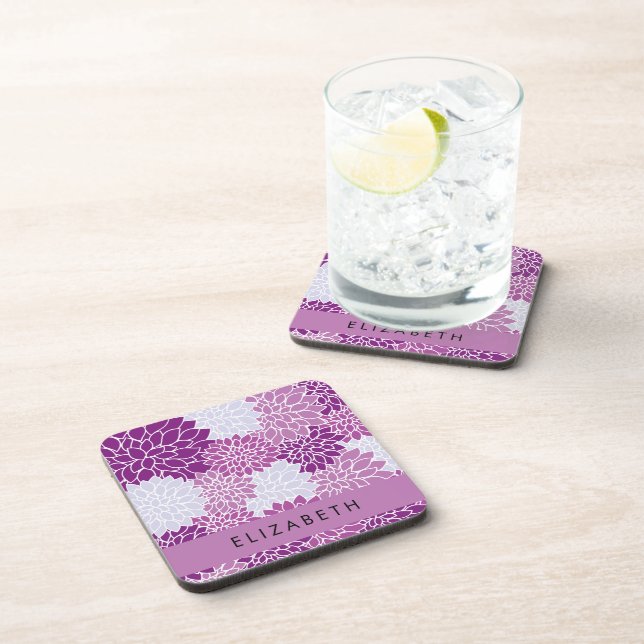 Pattern Of Flowers, Purple Dahlia, Your Name Coaster (Right Side)