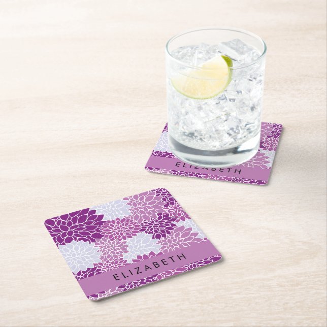 Pattern Of Flowers, Purple Dahlia, Your Name Square Paper Coaster (Insitu)