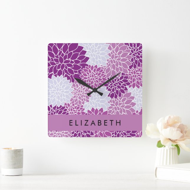 Pattern Of Flowers, Purple Dahlia, Your Name Square Wall Clock (Home)