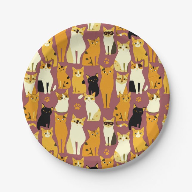 Pattern of Ginger, Black and White Cats Paper Plate (Front)