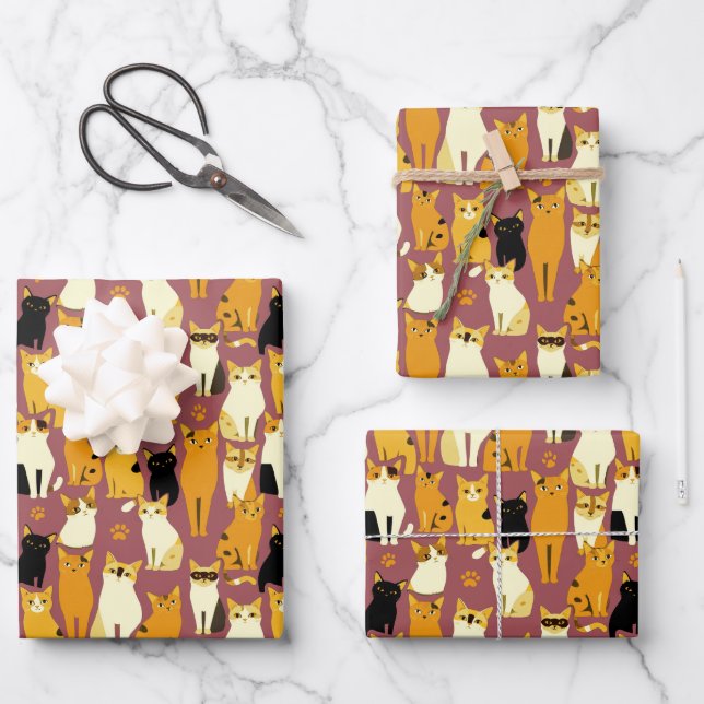 Pattern of Ginger, Black and White Cats Wrapping Paper Sheet (Front)