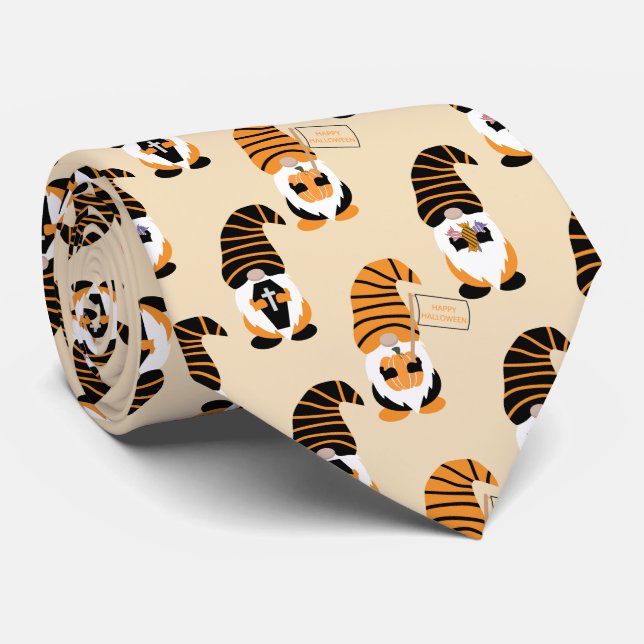 Pattern Of Gnomes, Halloween Gnomes Trick Or Treat Tie (Rolled)