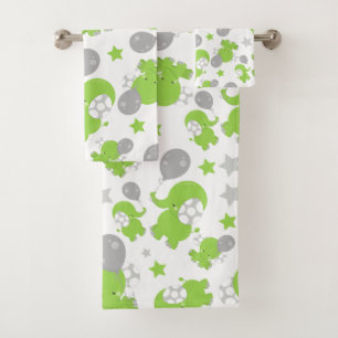 Pattern Of Green Elephants, Cute Elephants, Stars Bath Towel Set