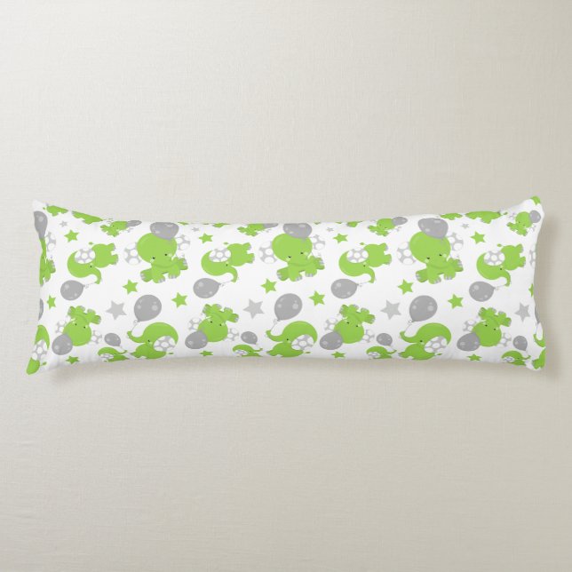 Pattern Of Green Elephants, Cute Elephants, Stars Body Cushion (Front)