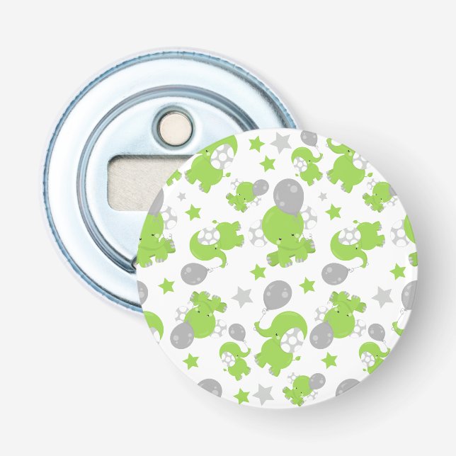 Pattern Of Green Elephants, Cute Elephants, Stars Bottle Opener (Front)