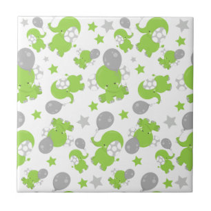 Pattern Of Green Elephants, Cute Elephants, Stars Ceramic Tile