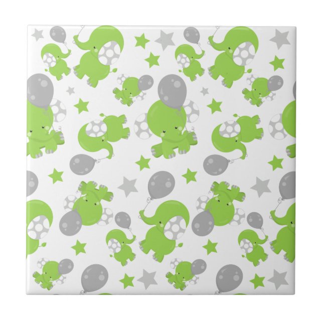 Pattern Of Green Elephants, Cute Elephants, Stars Ceramic Tile (Front)