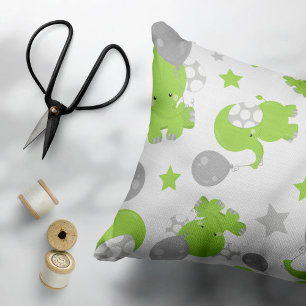 Pattern Of Green Elephants, Cute Elephants, Stars Decorative Cushion