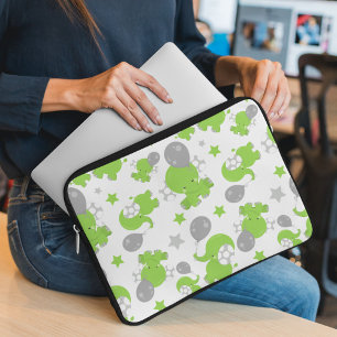 Pattern Of Green Elephants, Cute Elephants, Stars Laptop Sleeve