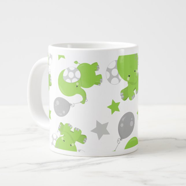 Pattern Of Green Elephants, Cute Elephants, Stars Large Coffee Mug (Front Left)