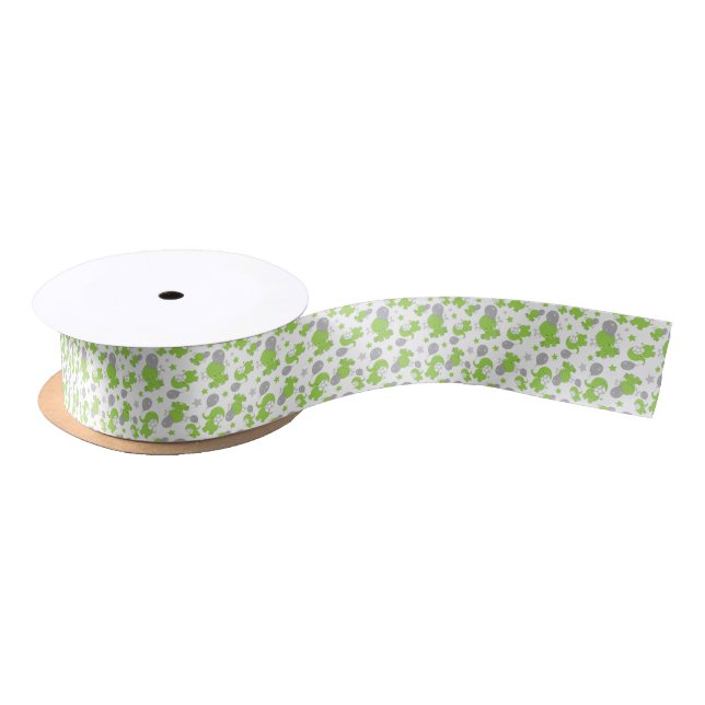 Pattern Of Green Elephants, Cute Elephants, Stars Satin Ribbon (Spool)
