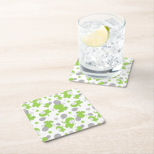 Pattern Of Green Elephants, Cute Elephants, Stars Square Paper Coaster (Insitu)