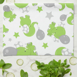 Pattern Of Green Elephants, Cute Elephants, Stars Tea Towel