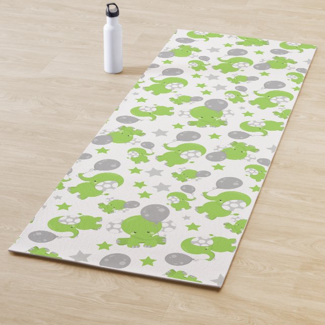 Pattern Of Green Elephants, Cute Elephants, Stars Yoga Mat (In Situ)