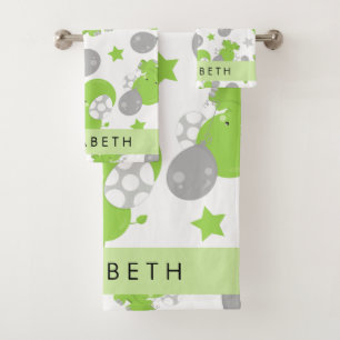 Pattern Of Green Elephants, Stars, Your Name Bath Towel Set