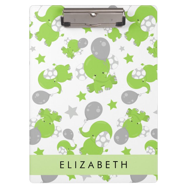 Pattern Of Green Elephants, Stars, Your Name Clipboard (Front)