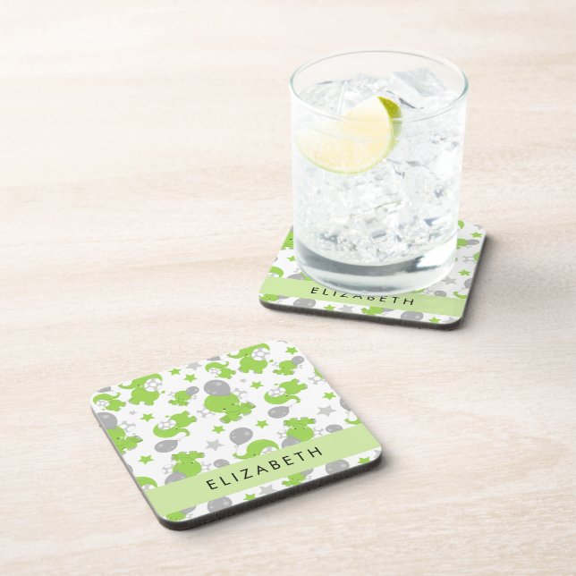 Pattern Of Green Elephants, Stars, Your Name Coaster (Right Side)