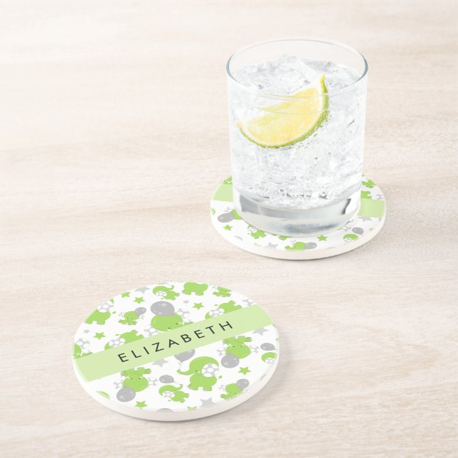 Pattern Of Green Elephants, Stars, Your Name Coaster (Side)