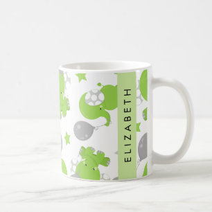 Pattern Of Green Elephants, Stars, Your Name Coffee Mug