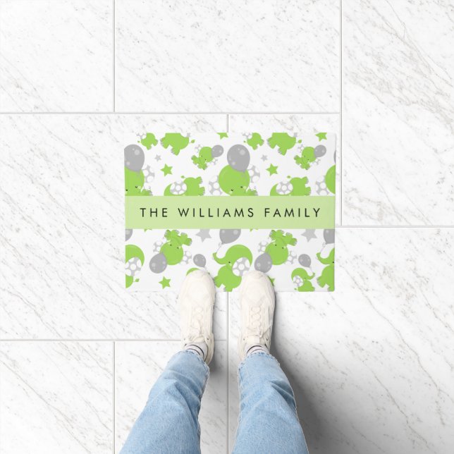 Pattern Of Green Elephants, Stars, Your Name Doormat (Indoor)